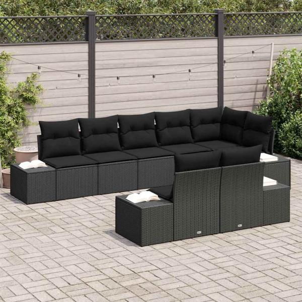 8-teiliges Garten Sofa Set mit Kissen Schwarz Poly Rattan