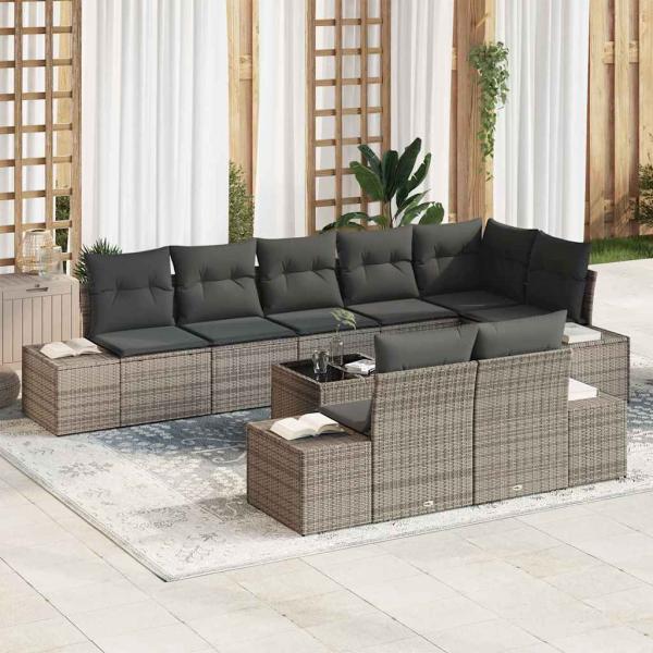 ARDEBO.de - 8-teiliges Garten-Sofa-Set mit Kissen Grau Poly-Rattan