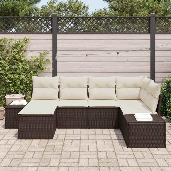 6-teiliges Garten-Sofa-Set mit Kissen Braun Poly-Rattan