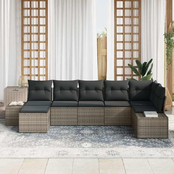 7-teilige Garten Sofa Set mit Kissen Grau Poly Rattan