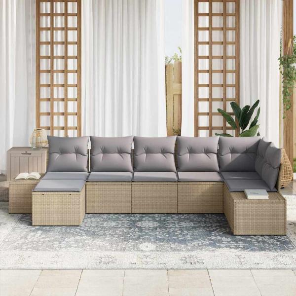7-teiliges Garten Sofa Set mit Kissen Beige Poly Rattan