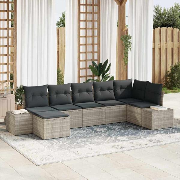 ARDEBO.de - 7-teiliges Garten-Sofa-Set mit Kissen in Hellgrau aus Poly Rattan