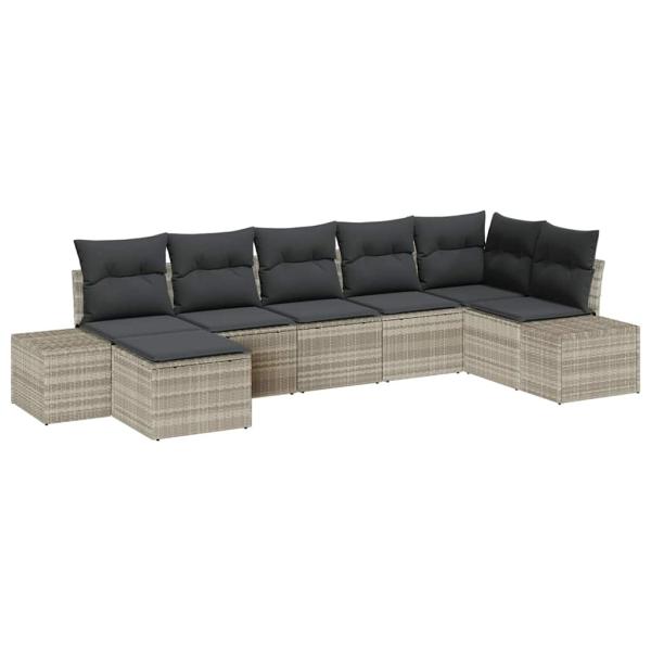 7-teiliges Garten-Sofa-Set mit Kissen in Hellgrau aus Poly Rattan