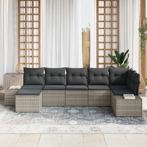 7-teiliges Garten-Sofa-Set mit Kissen in Hellgrau aus Poly Rattan