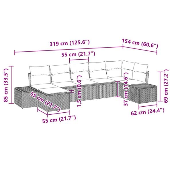 7-teiliges Garten-Sofa-Set mit Kissen in Hellgrau aus Poly Rattan