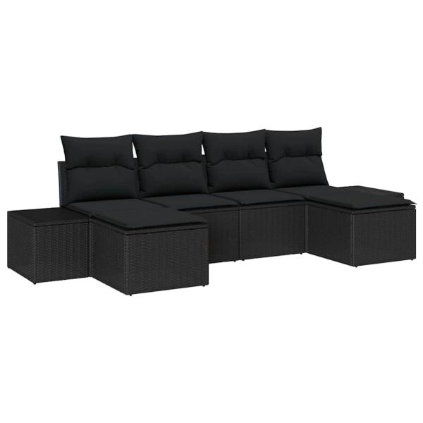 6-teiliges Garten-Sofaset mit Kissen in Schwarz aus Poly-Rattan