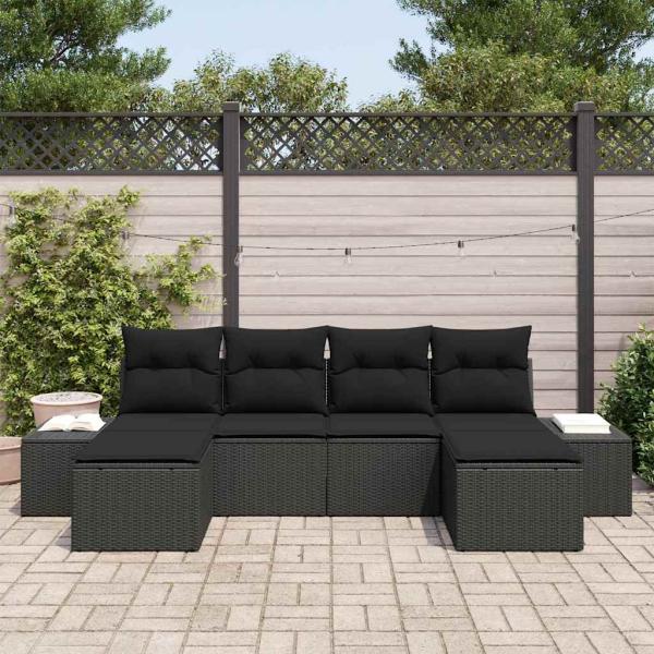 6-teiliges Garten-Sofaset mit Kissen in Schwarz aus Poly-Rattan