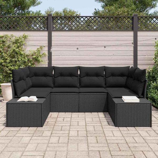 6-teiliges Garten Sofa Set mit Kissen Schwarz Poly Rattan