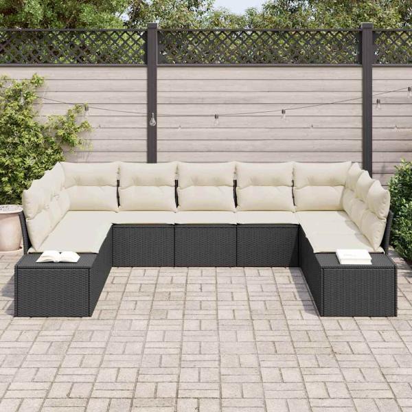 9-teiliges Garten Sofa Set mit Kissen Schwarz Poly Rattan