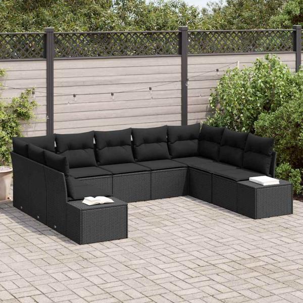 ARDEBO.de - 9-teiliges Garten Sofa Set mit Kissen Schwarz Poly Rattan