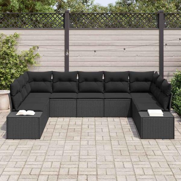9-teiliges Garten Sofa Set mit Kissen Schwarz Poly Rattan