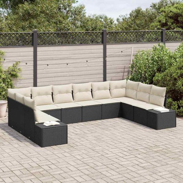 10-teiliges Garten Sofa Set mit Kissen Schwarz Poly Rattan