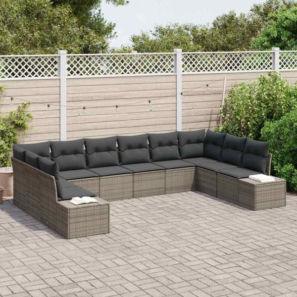 10-teiliges Garten-Sofa-Set mit Kissen in Grau aus Poly Rattan
