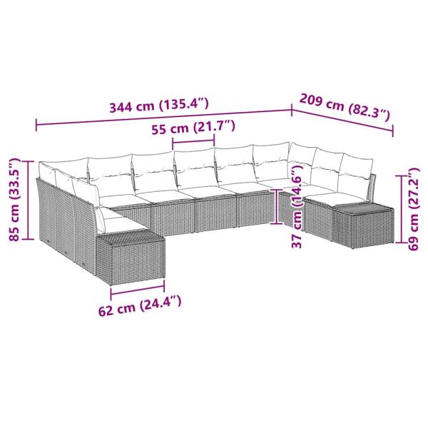 10-teiliges Garten-Sofa-Set mit Kissen in Grau aus Poly Rattan