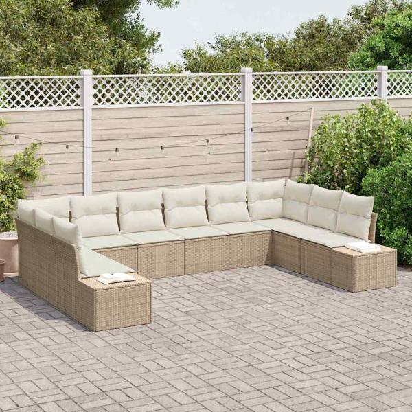 10-teiliges Garten Sofa Set mit Kissen Beige Poly Rattan
