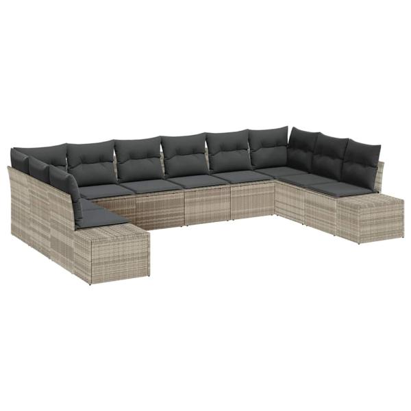 10-teiliges Garten Sofa Set mit Kissen Hellgrau Poly Rattan