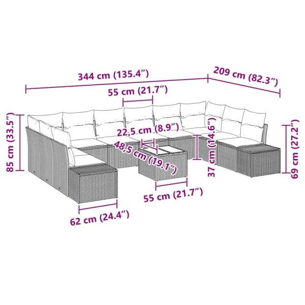 11-teiliges Garten Sofa Set mit Kissen Schwarz Poly Rattan