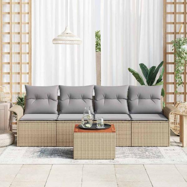 ARDEBO.de - 5-teiliges Garten-Sofaset mit Kissen Beige Poly Rattan Akazie