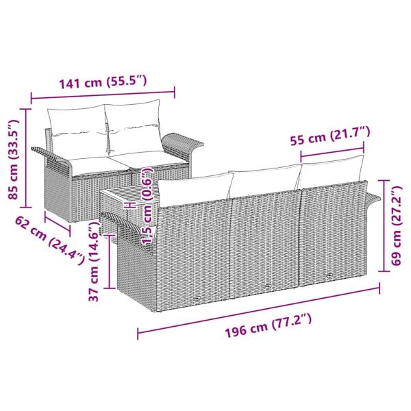 6-teiliges Garten Sofa Set mit Kissen Schwarz Poly Rattan Akazie
