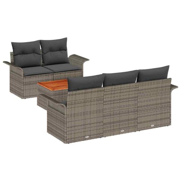 6-teiliges Garten Sofa Set mit Kissen Grau Poly Rattan Akazie