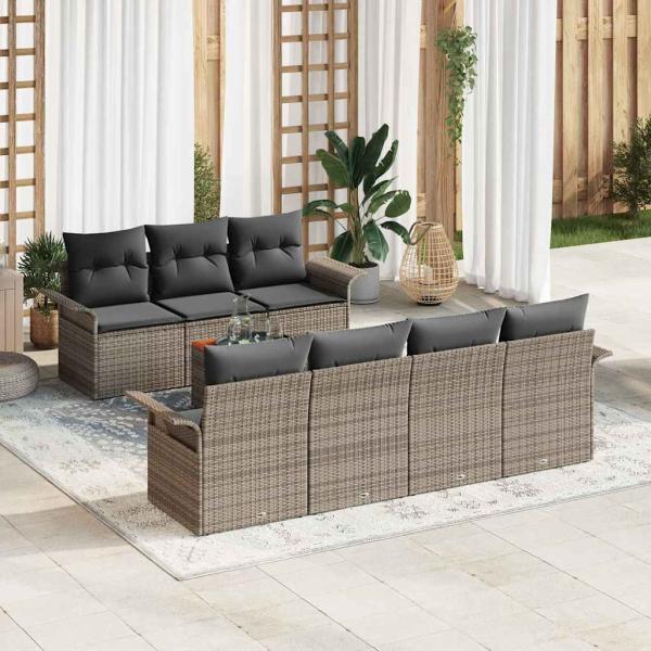 ARDEBO.de - 8-teiliges Garten Sofa Set mit Kissen Grau Poly Rattan Akazie