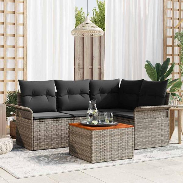 ARDEBO.de - 5-teiliges Garten Sofa Set mit Kissen Grau Poly Rattan Akazie
