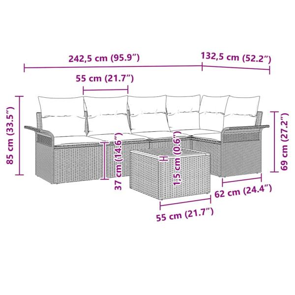 6 teiliges Garten Sofa Set mit Kissen Beige Poly Rattan Akazie
