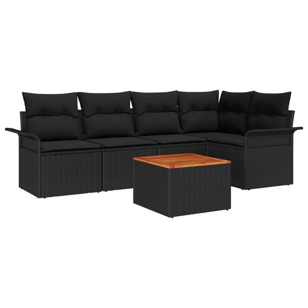 6-teiliges Garten-Sofa-Set mit Kissen Schwarz Poly Rattan Akazie