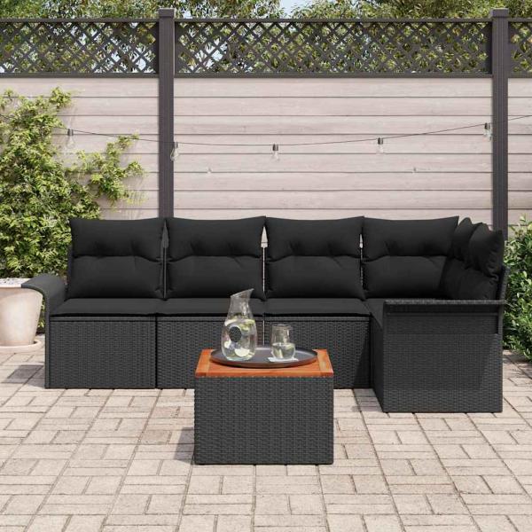 6-teiliges Garten-Sofa-Set mit Kissen Schwarz Poly Rattan Akazie