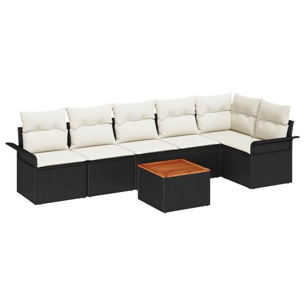 7-teiliges Garten Sofa Set mit Kissen Schwarz Poly-Rattan Akazie