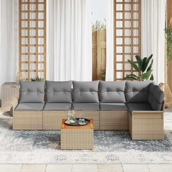 7-teiliges Garten-Sofa-Set mit Kissen Beige Poly Rattan Akazie