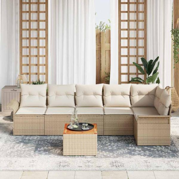 7-teiliges Garten Sofaset mit Kissen Beige Poly Rattan Akazie