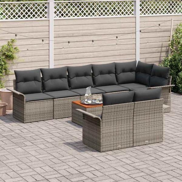 9-teiliges Garten-Sofa-Set mit Kissen Grau Poly-Rattan Akazie
