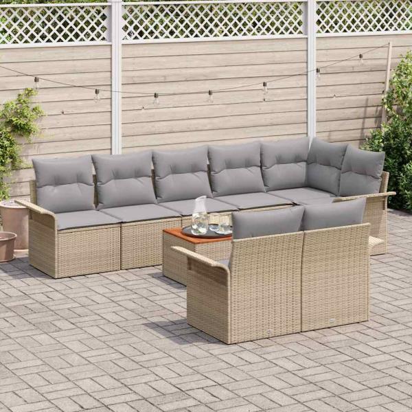 9-teiliges Garten-Sofa-Set mit Kissen Beige Poly-Rattan Akazie