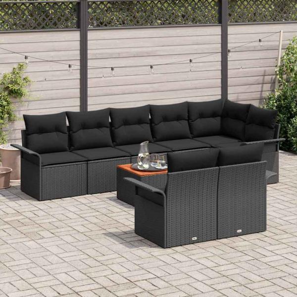 9-teiliges Garten-Sofa-Set mit Kissen Schwarz Poly-Rattan Akazie