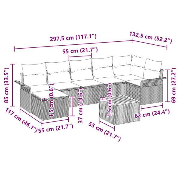 8-teiliges Garten Sofa Set mit Kissen Beige Poly Rattan Akazie