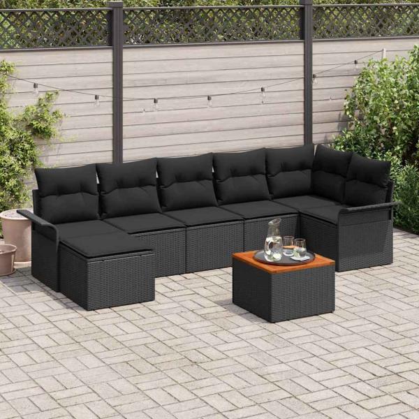 ARDEBO.de - 8-teiliges Garten-Sofaset mit Kissen Schwarz Poly-Rattan Akazie
