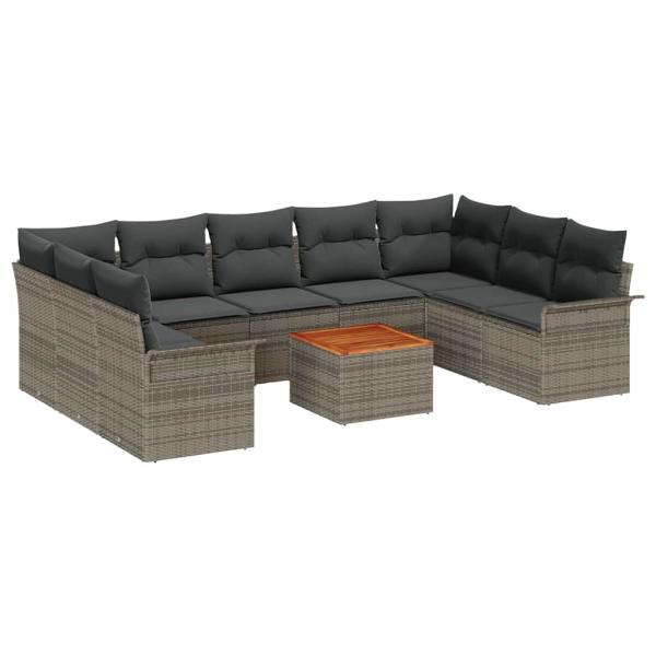 10-teiliges Garten Sofa Set mit Kissen Grau Poly Rattan Akazie
