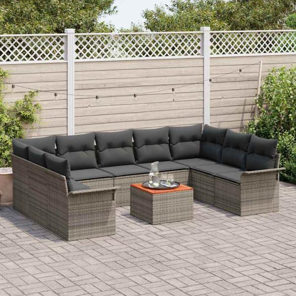 10-teiliges Garten Sofa Set mit Kissen Grau Poly Rattan Akazie