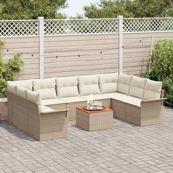 10-teiliges Garten Sofa Set mit Kissen Beige Poly-Rattan Akazie