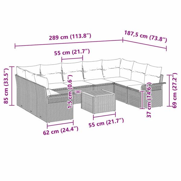 10-teiliges Garten Sofa Set mit Kissen Schwarz Poly Rattan Akazie