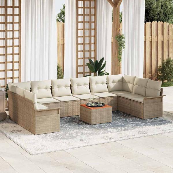 ARDEBO.de - 11-teiliges Garten Sofa Set mit Kissen Beige Poly Rattan Akazie