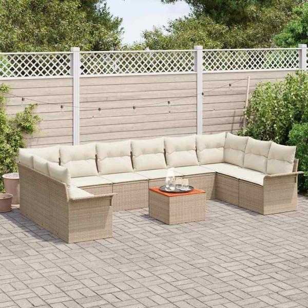 11-teiliges Garten Sofa Set mit Kissen Beige Poly Rattan Akazie