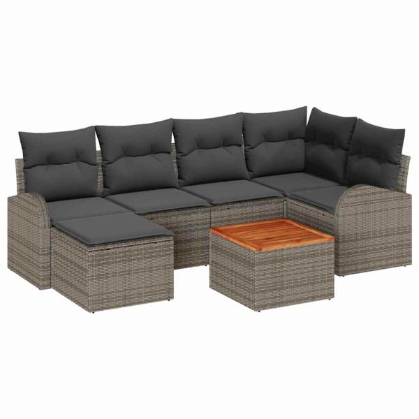 7-teiliges Garten-Sofa-Set mit Kissen Grau Poly Rattan Akazie
