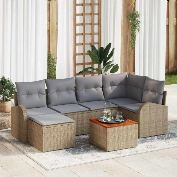 ARDEBO.de - 7-teiliges Garten Sofa Set mit Kissen Beige Poly Rattan Akazie