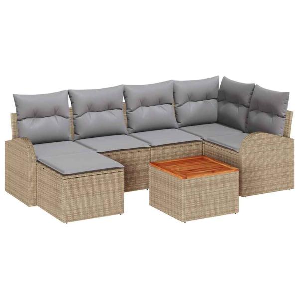 7-teiliges Garten Sofa Set mit Kissen Beige Poly Rattan Akazie