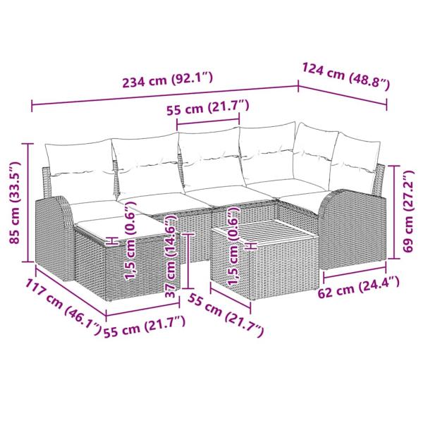7-teiliges Garten Sofa Set mit Kissen Beige Poly Rattan Akazie