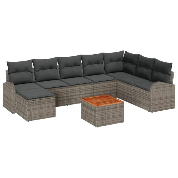 9-teiliges Garten Sofa Set mit Kissen Grau Poly Rattan Akazie