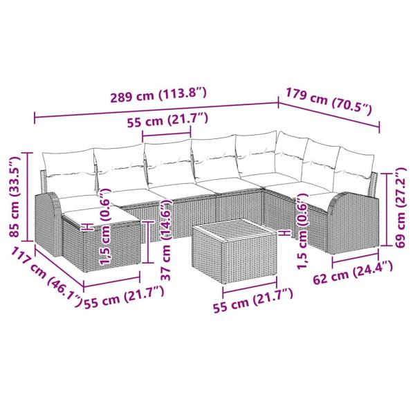 9-teiliges Garten Sofa Set mit Kissen Beiges Poly Rattan Akazie