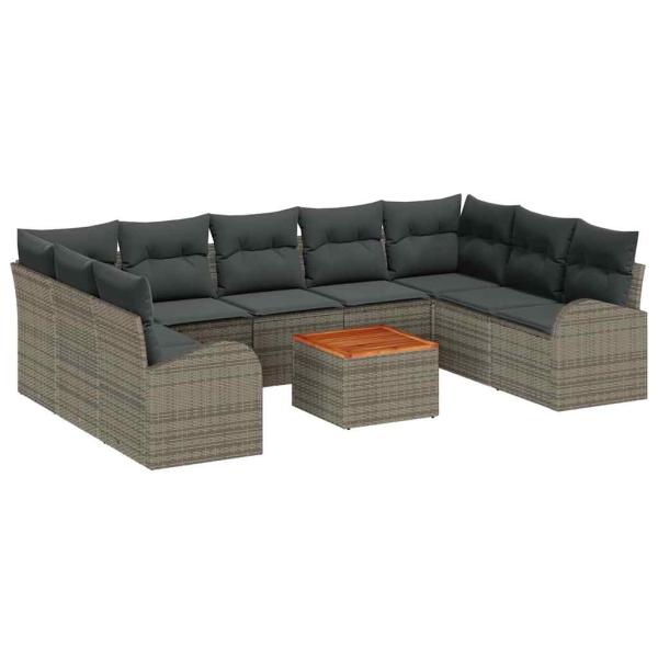 10-teiliges Garten Sofa Set mit Kissen Grau Poly Rattan